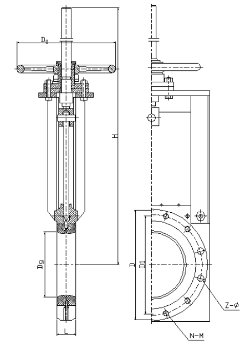 手動(dòng)對夾式漿液閥結(jié)構(gòu)示意圖