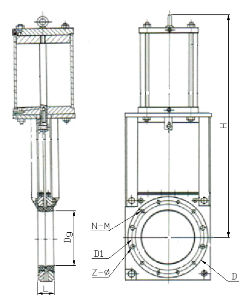氣動(dòng)對(duì)夾式無(wú)隙閘閥結(jié)構(gòu)示意圖